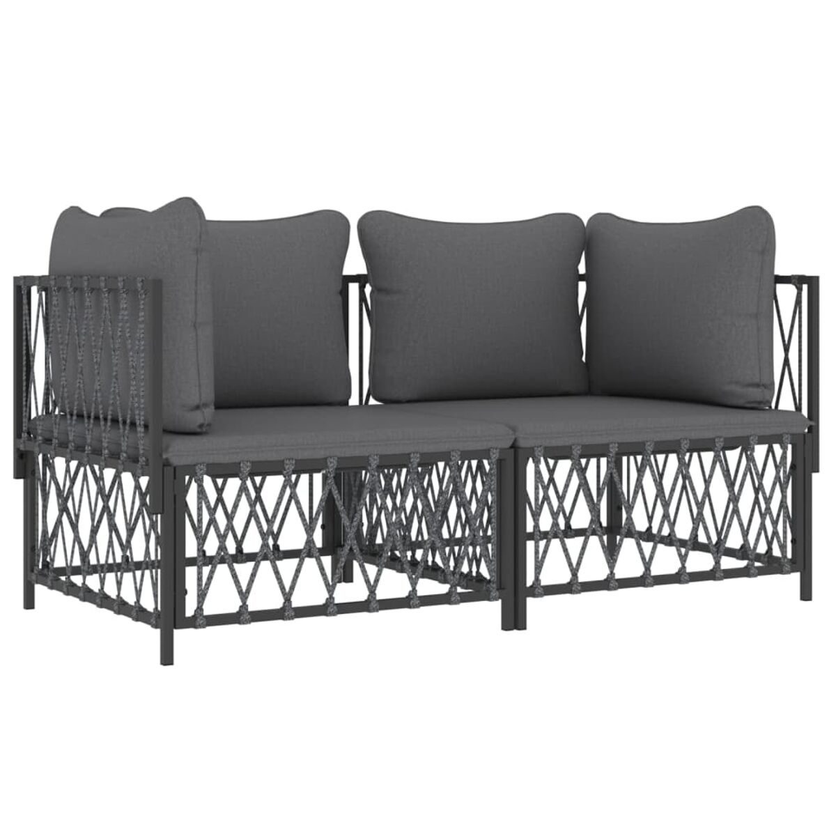 Ein graues Sofa mit dunkelgrauen Kissen und einem Webdesign. Der Rahmen ist dunkelgrau.