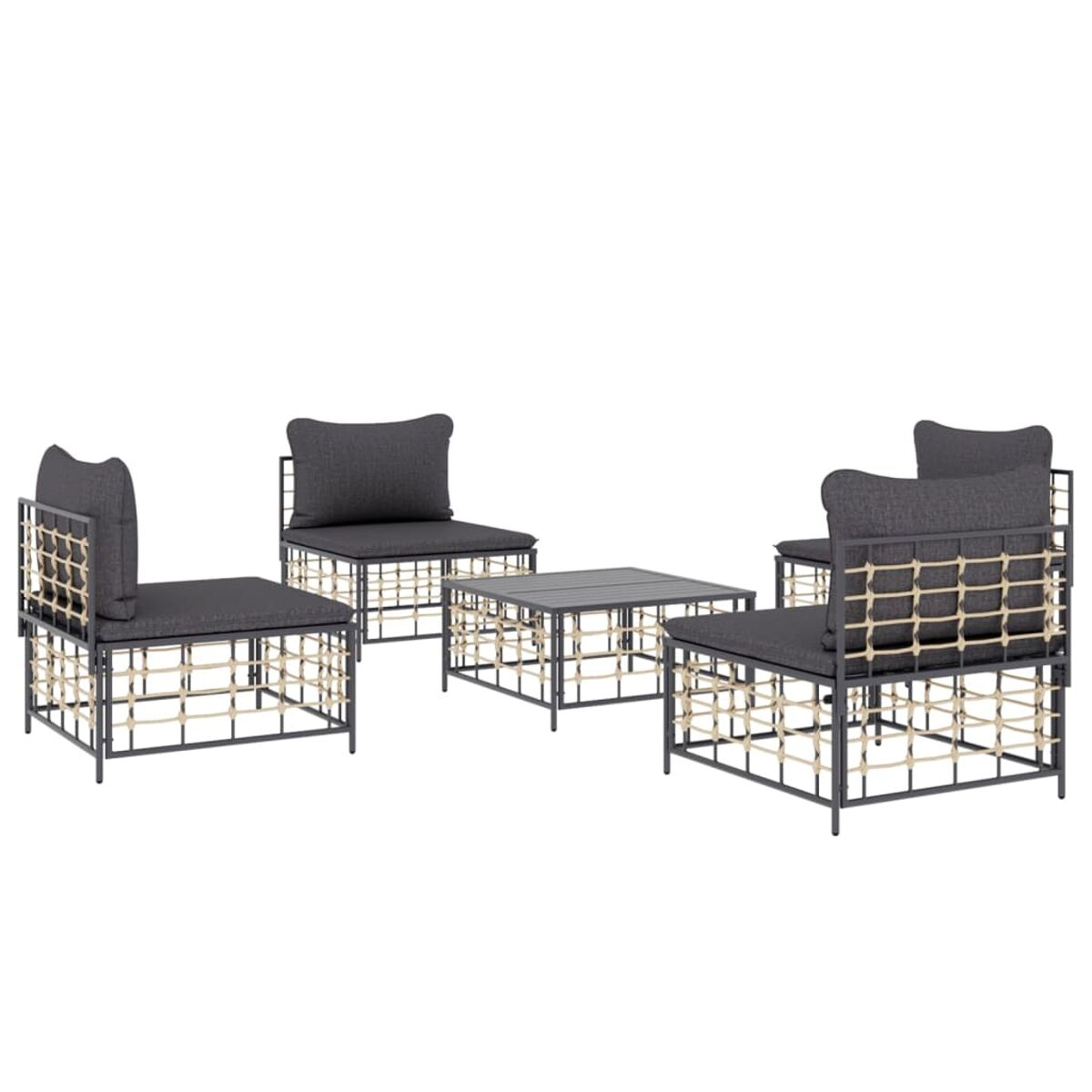 Outdoor-Möbelset mit Kissen und Tisch. Metallrahmen mit Seildetails.