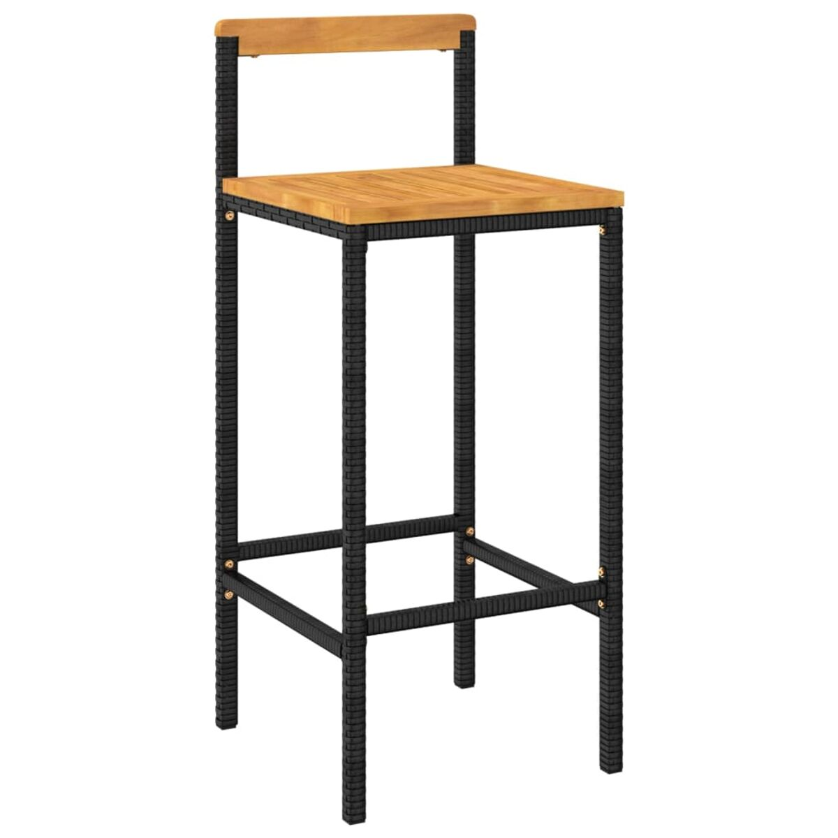 Hoher Barhocker mit Holz Sitzfläche, schwarzem Metallrahmen und Fußstütze. Der Stuhl ist isoliert.