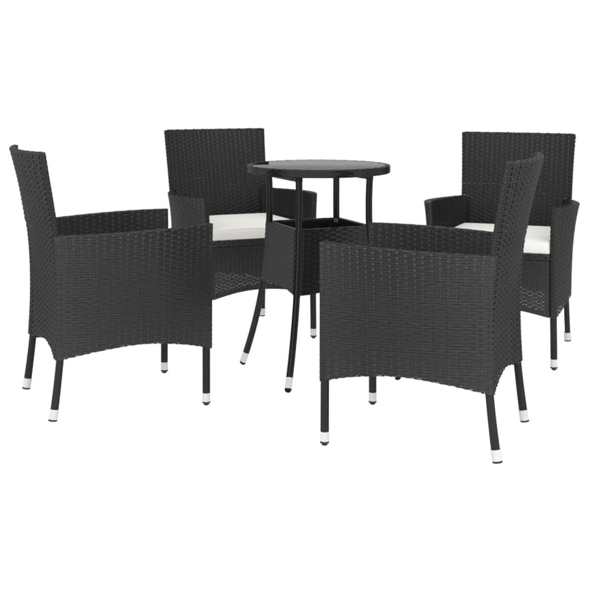 Ein schwarzes Rattan-Gartenmöbelset mit Tisch und Stühlen.