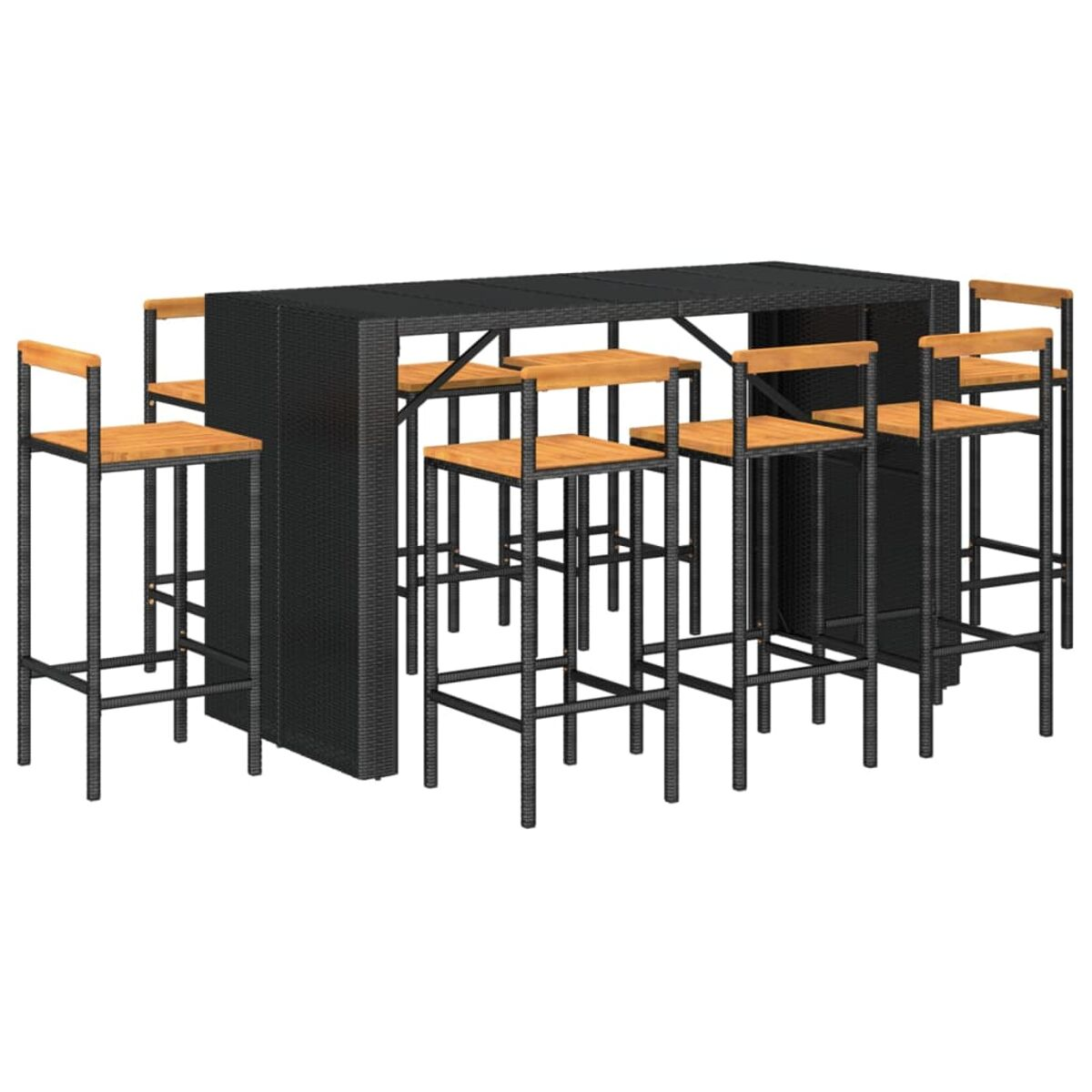 Ein schwarzer rechteckiger Tisch mit sechs Barhockern. Die Hocker haben Holzsitze und schwarze Rahmen.