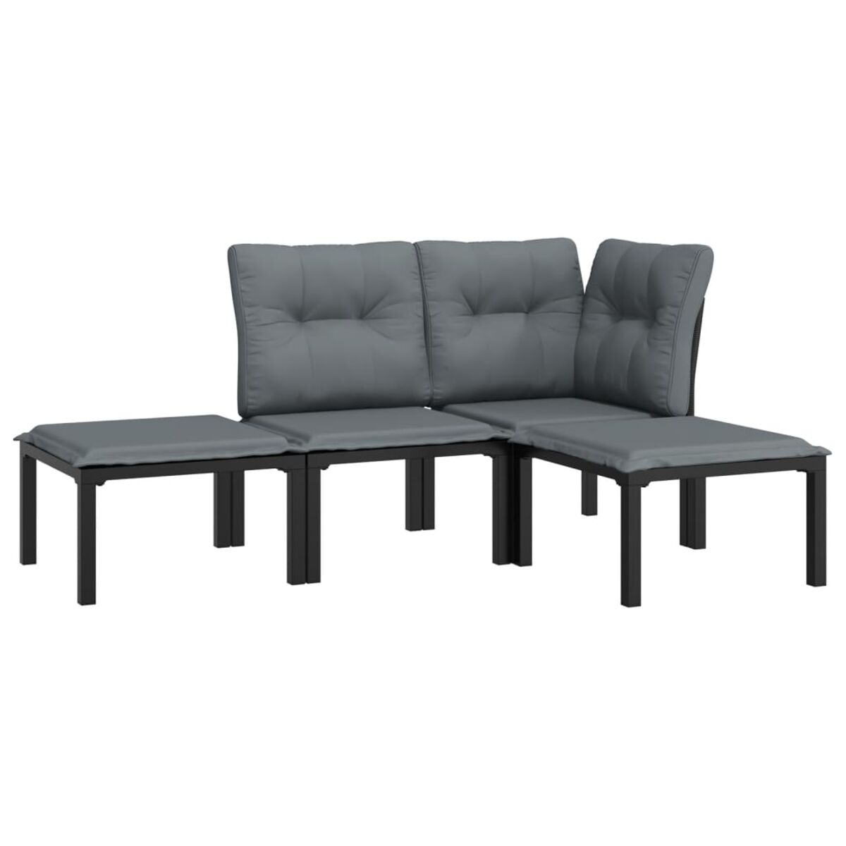 Ein graues Outdoor-Sofaset mit zwei Sitzen und einem Eckplatz. Schwarzer Metallrahmen mit grauen Kissen.