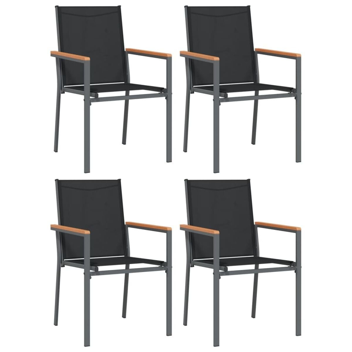 Vier schwarze Outdoor-Stühle mit Armlehnen und Holzakzenten, angeordnet in zwei Reihen zu je zwei.