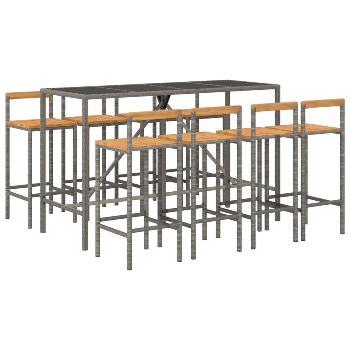 Bartisch und Stühle mit Holzsitzflächen und Metallrahmen.
