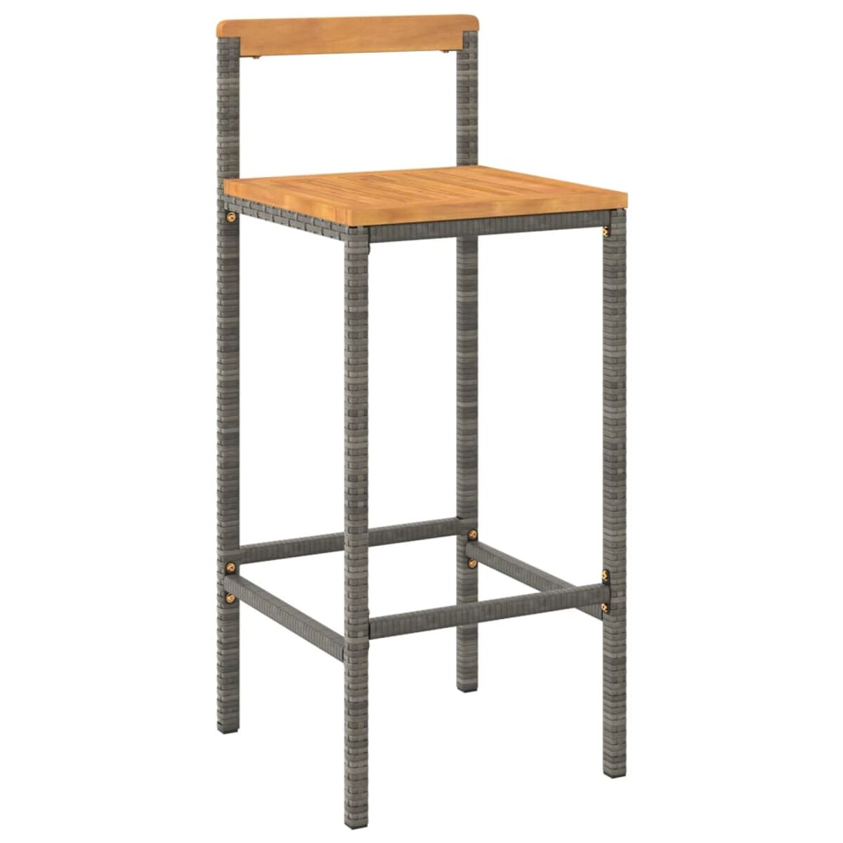 Hoher Barhocker mit Holzsitzt und grauen Metallbeinen.