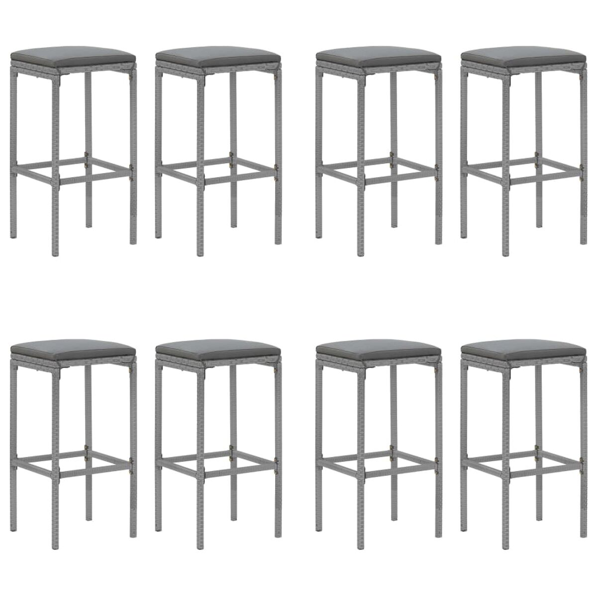 Acht graue Barhocker in einem Raster, mit quadratischem Sitz und Metallbeinen.