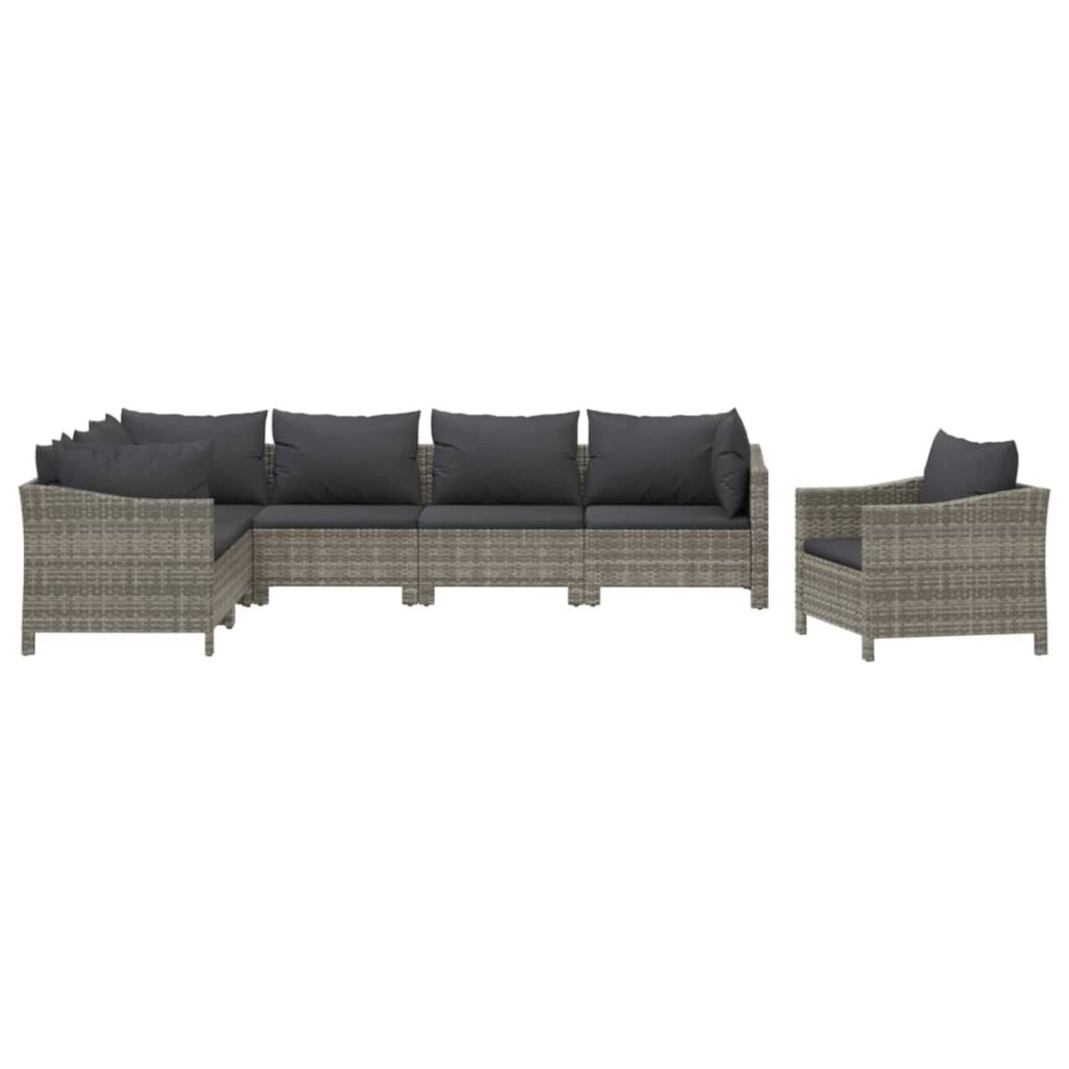 Ein graues Outdoor-Ecksofa und ein Sessel aus Korbgeflecht auf weißem Hintergrund.