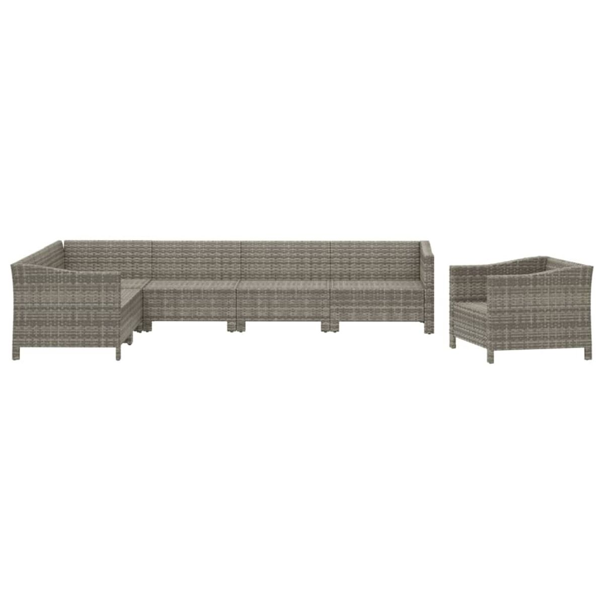 Outdoor-Rattansofa-Set. L-Form mit zusätzlichem Stuhl. Graue Farbe.