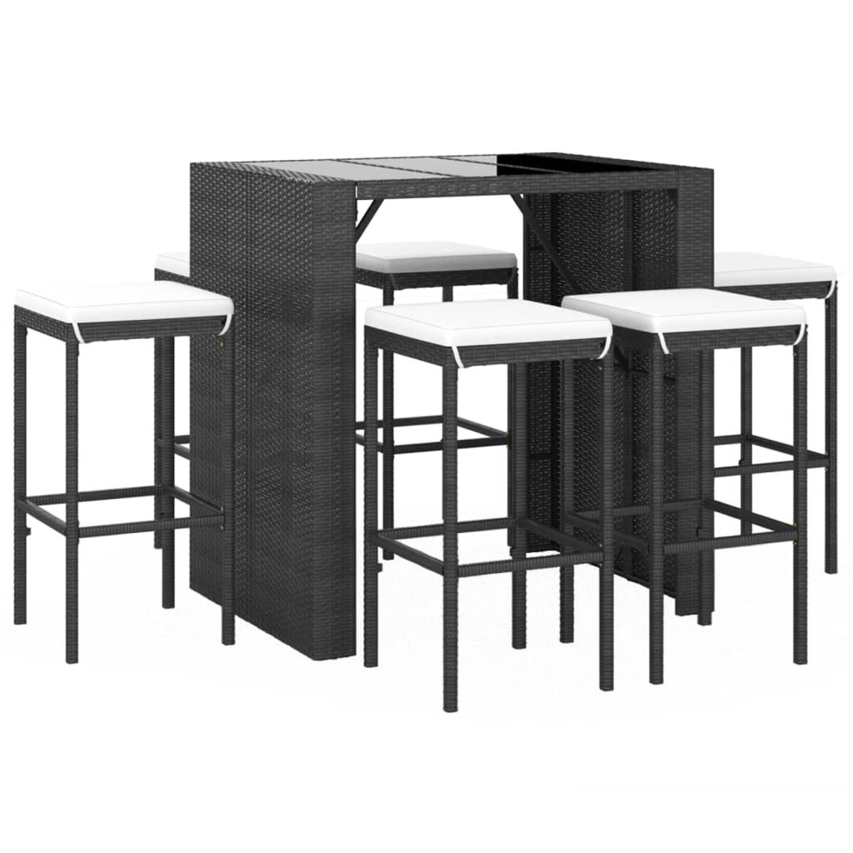 Schwarzes Outdoor-Bar-Set aus Rattan mit einem Tisch und vier Hockern, alle mit weißen Kissen.