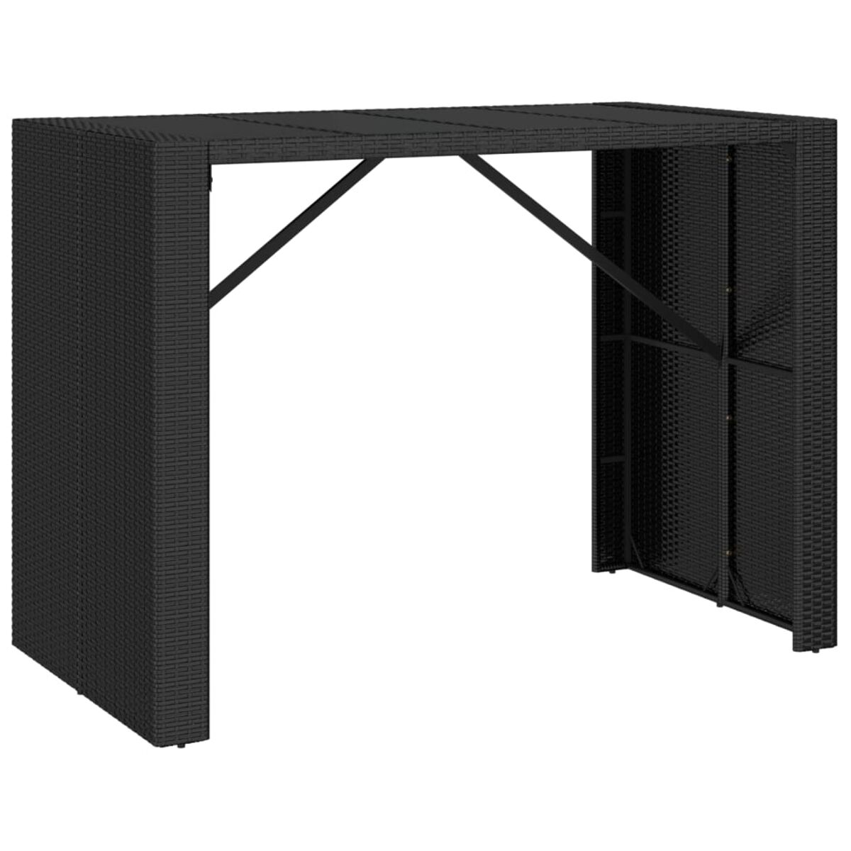 Eine schwarze Bar aus Korbgeflecht für den Außenbereich mit rechteckiger Oberseite. Die Bar hat eine Tragstruktur.