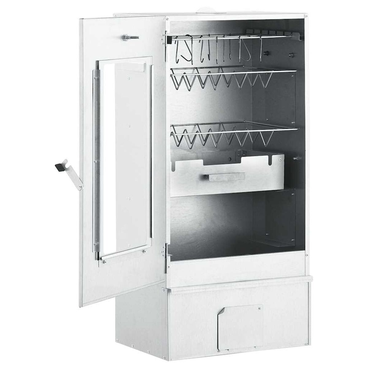 Affumicatore da esterno in acciaio inox con porta aperta.
