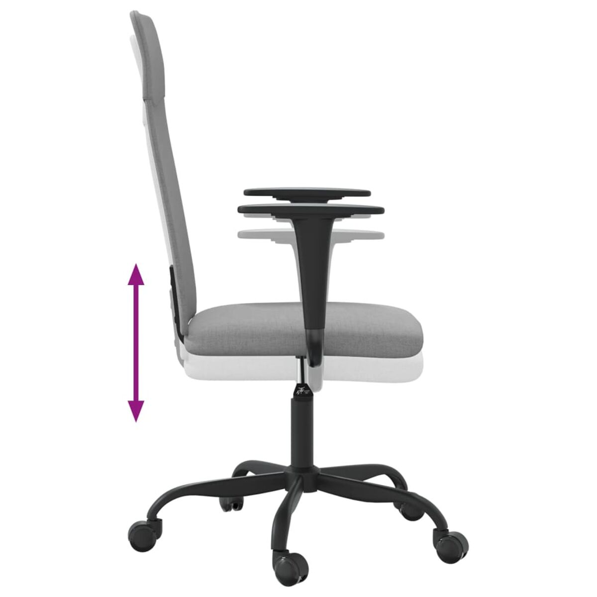 Bürostuhl, Seitenansicht, mit verstellbarer Höhe. Der Stuhl ist grau, schwarze Basis und Rückenlehne.