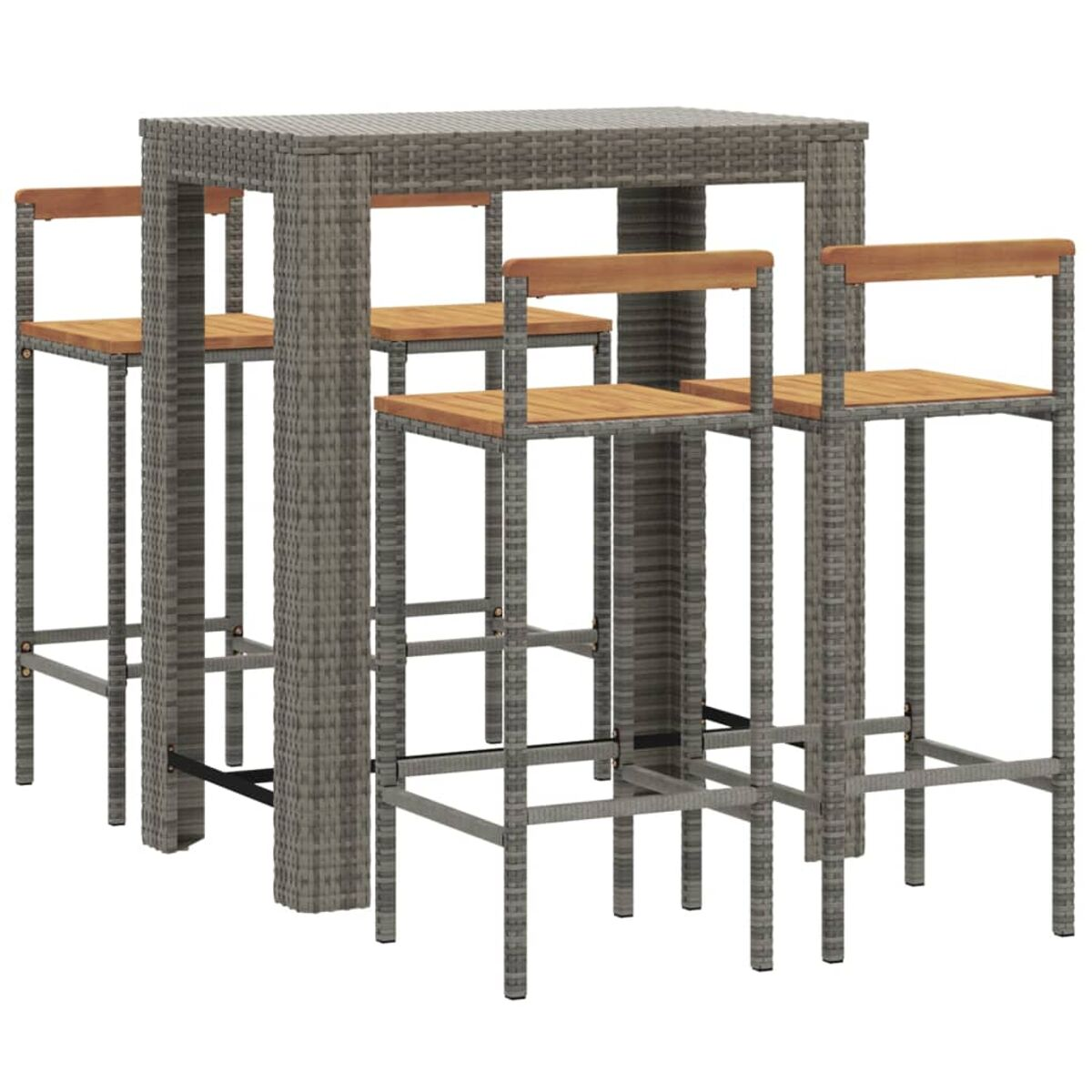 Outdoor-Bartisch-Set. Tisch und Stühle sind aus grauem Webmaterial und Holz gefertigt.