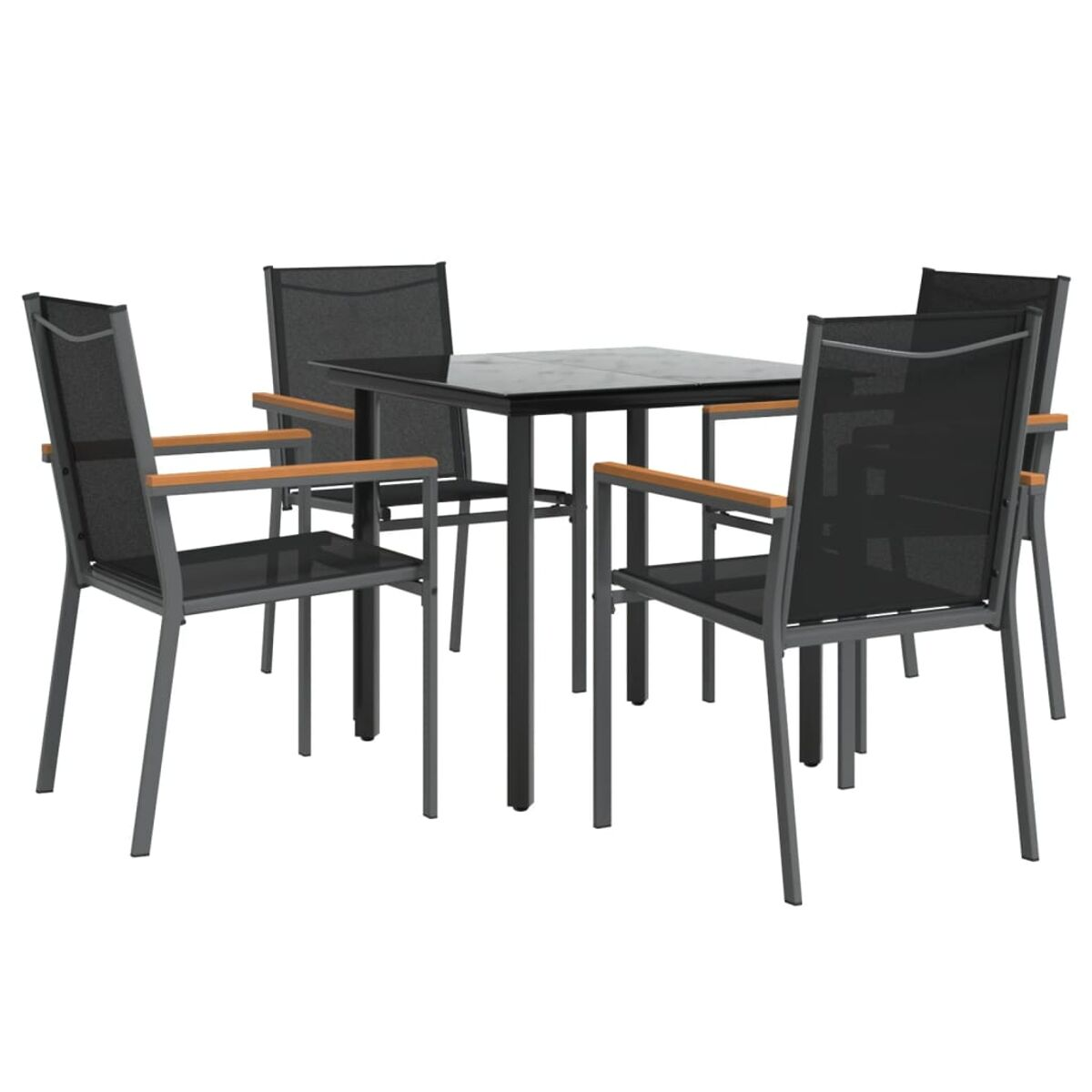 Ein Esszimmer-Set mit vier Stühlen und einem quadratischen Tisch. Die Stühle haben schwarze Netzrücken.