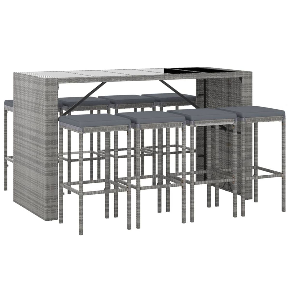 Graues Outdoor-Bar-Set aus Rattan mit Hockern, Tisch mit Glasplatte.
