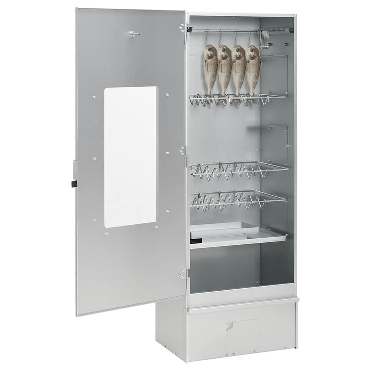 Affumicatore in acciaio inox con pesce appeso all'interno.