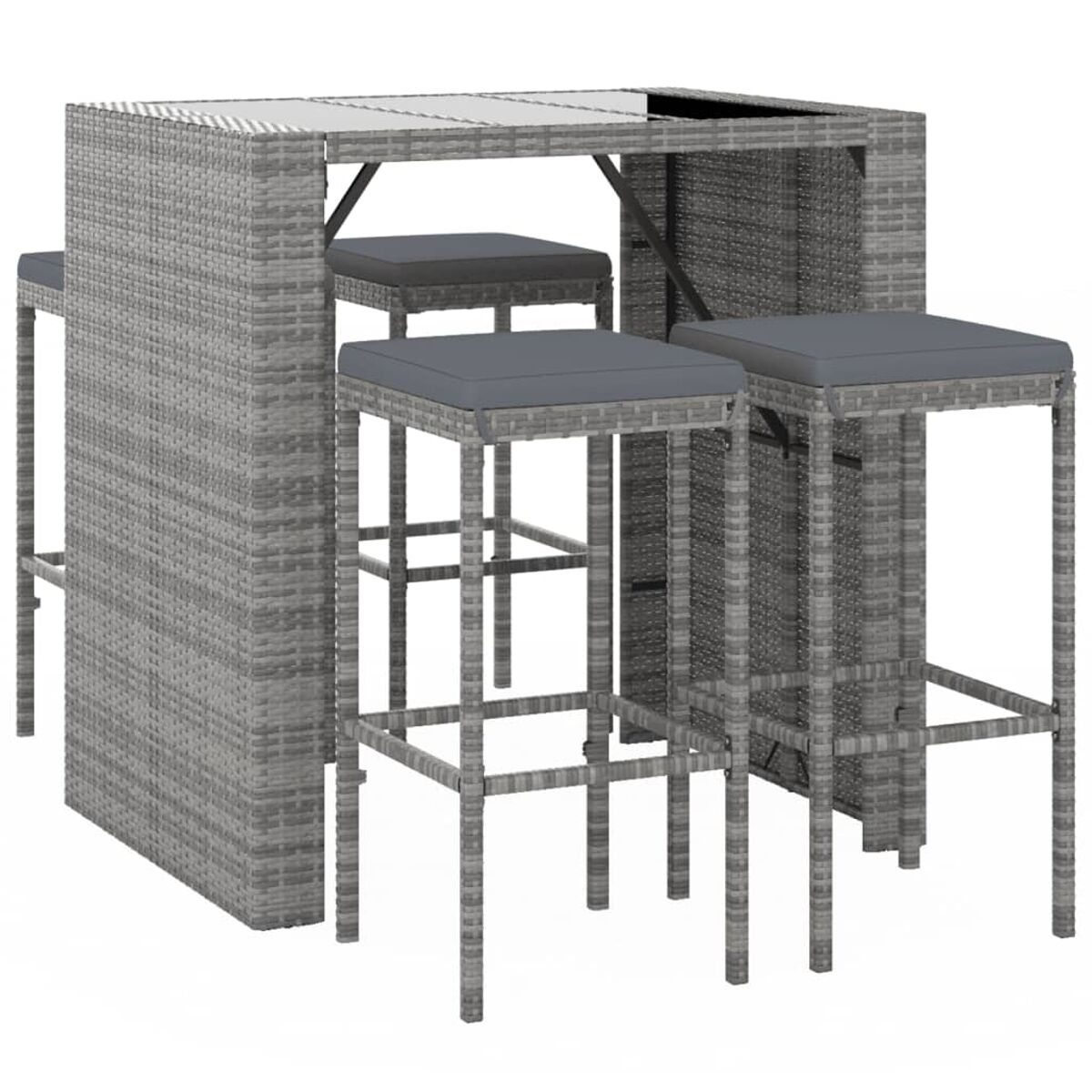 Graues Rattan-Bartisch-Set mit Hockern. Ein Bartisch mit Hockern, Seitenansicht.