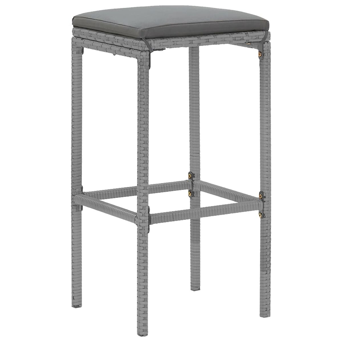 Grauer Barhocker mit quadratischem Sitz. Der Hocker hat vier Beine und eine Fußstütze.