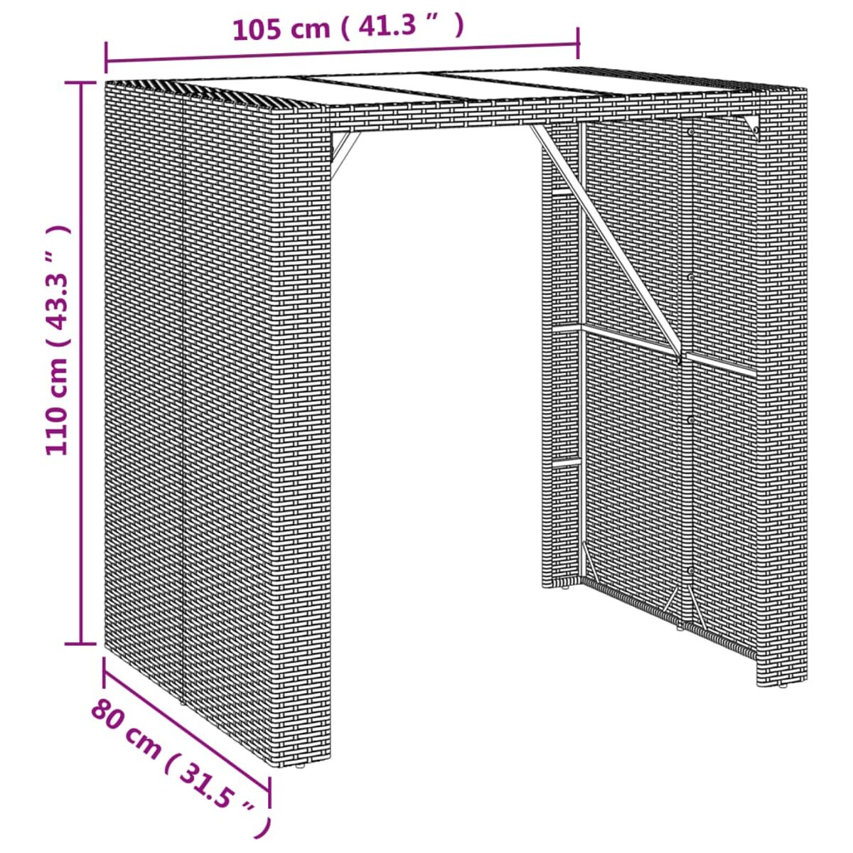 Webstruktur, Abmessungen 110x105x80 cm. Offene Front, Innenraum sichtbar.