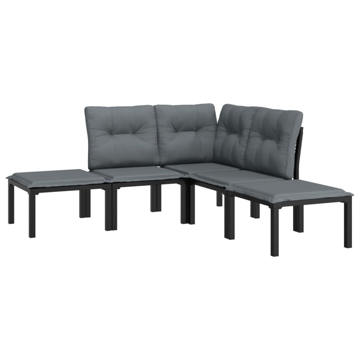 Graues Ecksofa mit schwarzem Rahmen. Das Sofa hat graue Kissen.