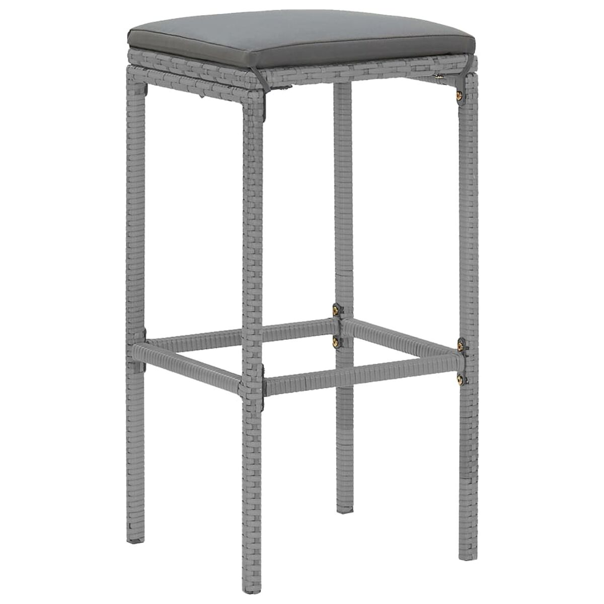 Ein grauer Barhocker mit einem grauen Sitz. Der Hocker hat ein graues Gestell und ist aus Korbgeflecht gefertigt.