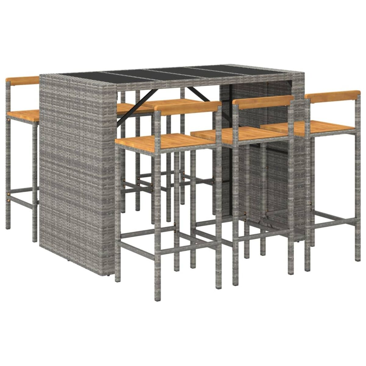 Ein graues Bar-Set aus Korbgeflecht mit vier Barhockern.