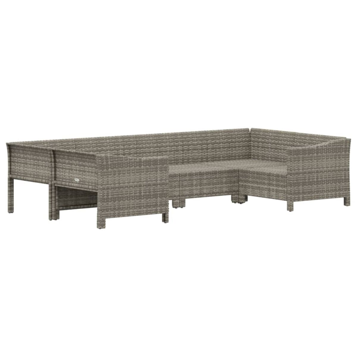 L-förmiges Outdoor-Ecksofa aus grauem Korbgeflecht. Niedriges Profil, weißer Hintergrund.