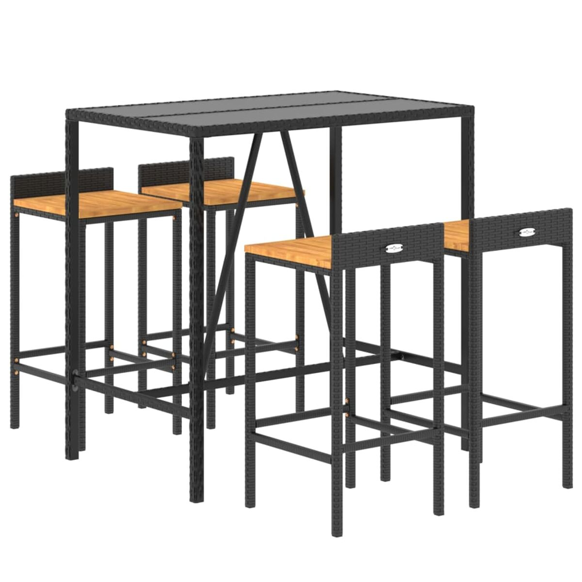 Ein schwarzer Bartisch und drei Barhocker. Tisch und Hocker haben Holzplatten.