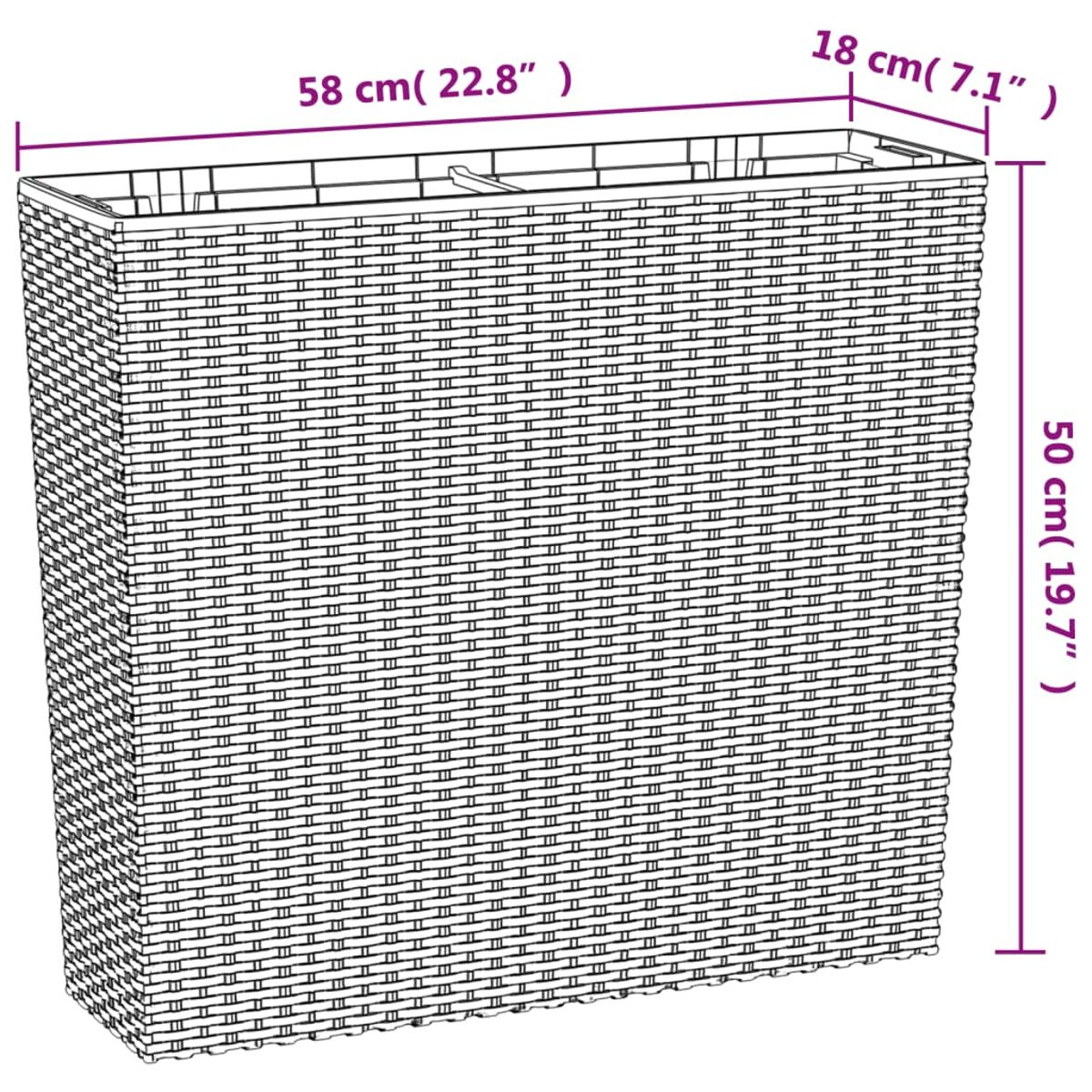 Rattan-Pflanzkübel mit Maßen: 58x50x18cm. Gewebtes Muster.