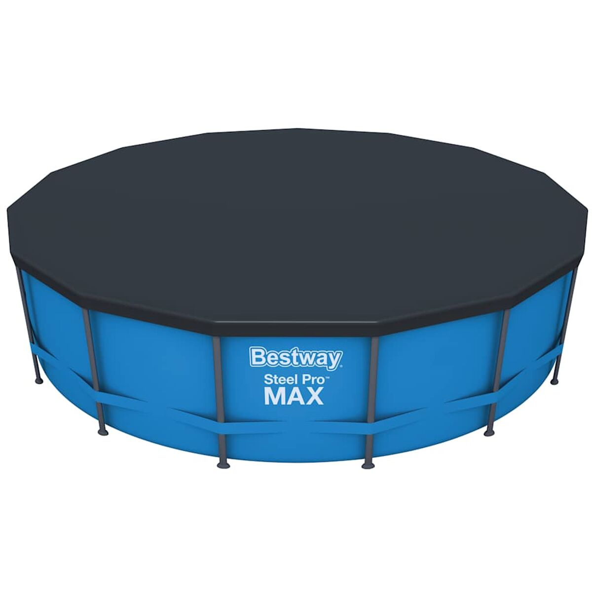 Blauer Aufstellpool mit schwarzer Abdeckung. Mit dem Schriftzug Bestway Steel Pro MAX.