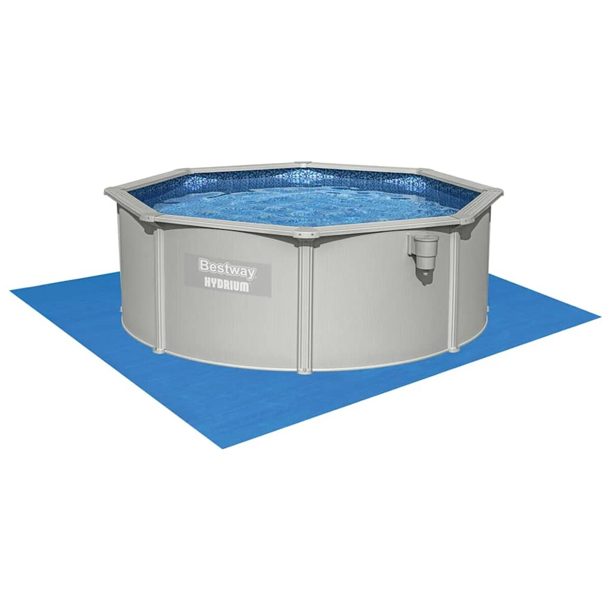 Ein oberirdischer Pool auf einer blauen Matte. Der Pool ist silberfarben mit blauem Innenraum.