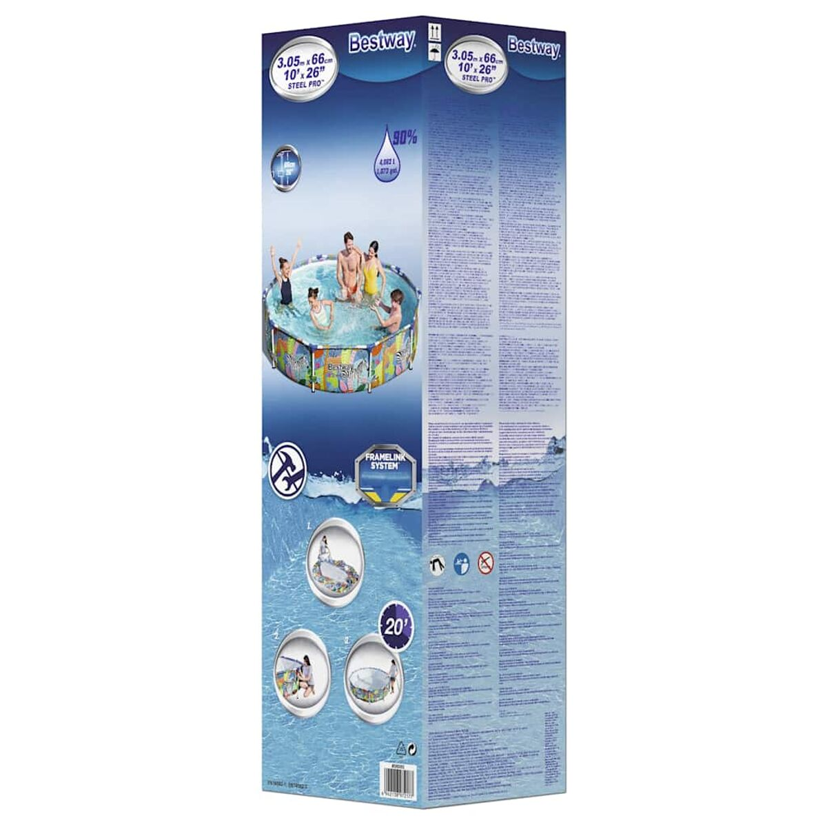 Karton eines Bestway-Aufstellpools, mit Grafiken und Text zur Produktbeschreibung.