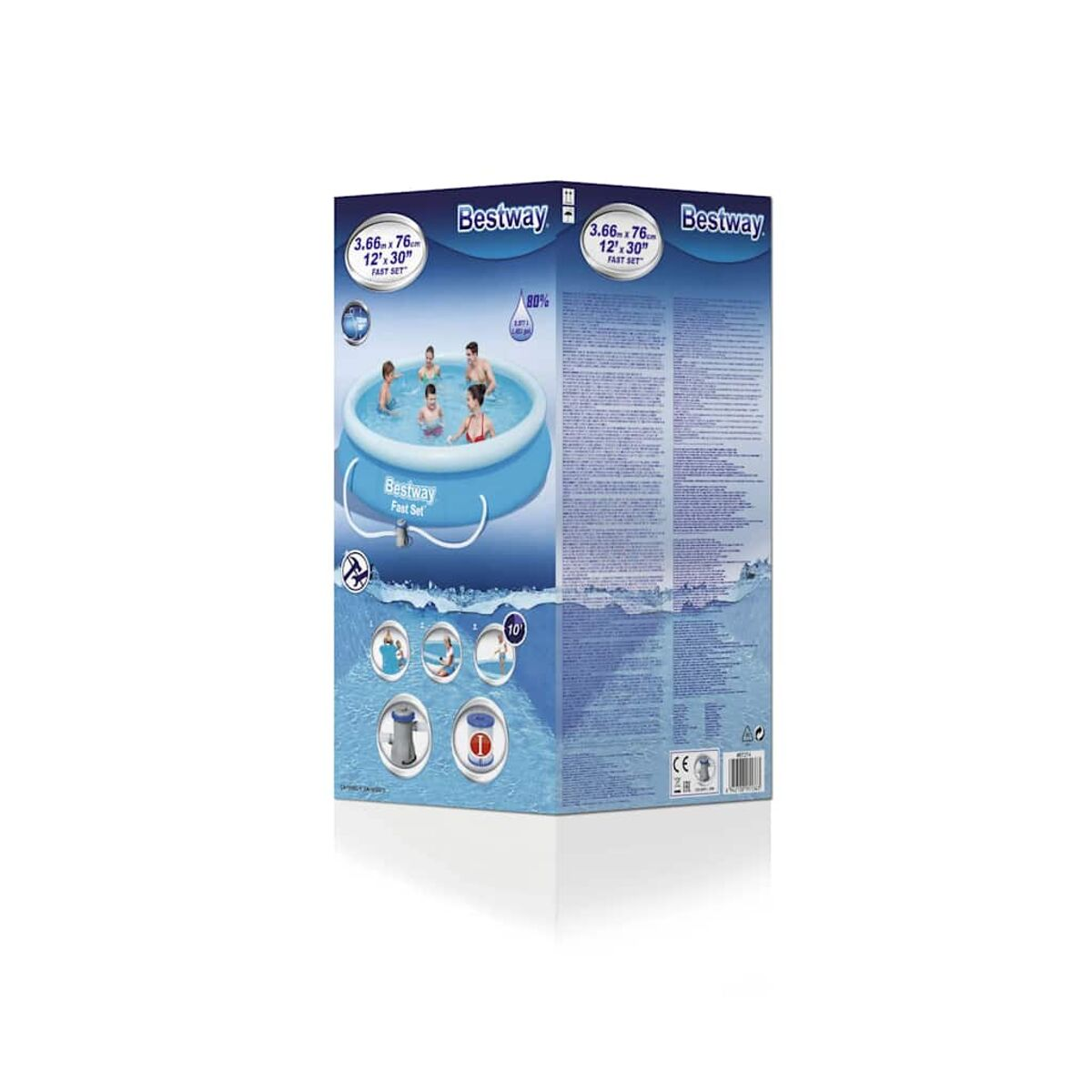 Bestway Fast Set Pool im Karton. Zeigt ein Schwimmbecken mit spielenden Menschen. Details und Spezifikationen auf der Box.