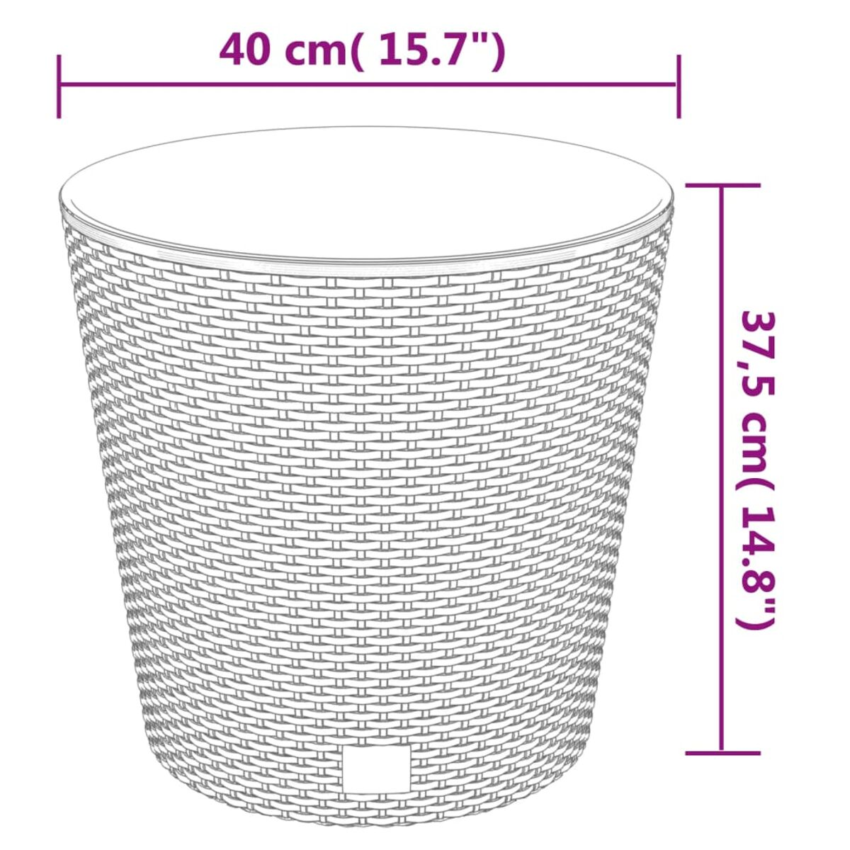 Geflochtener Pflanzkübel aus Rattan mit Maßangaben.
