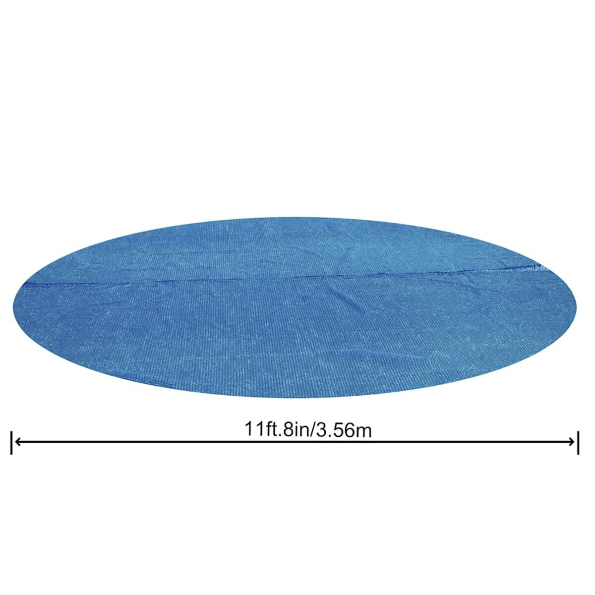 Blaue ovale Poolabdeckung mit schwarzen Pfeilen, die die Länge angeben.