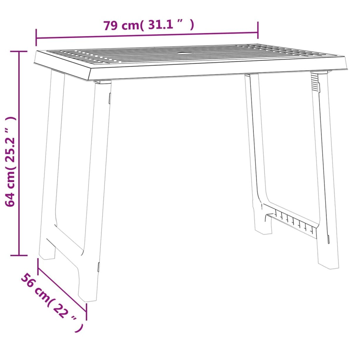 Diagramm eines rechteckigen Tisches, mit Abmessungen in cm und Zoll.