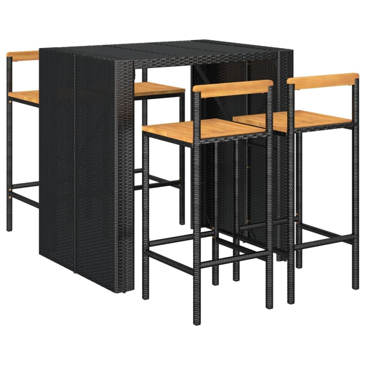 Ein schwarzes Outdoor-Bar-Set mit vier Holzstühlen.