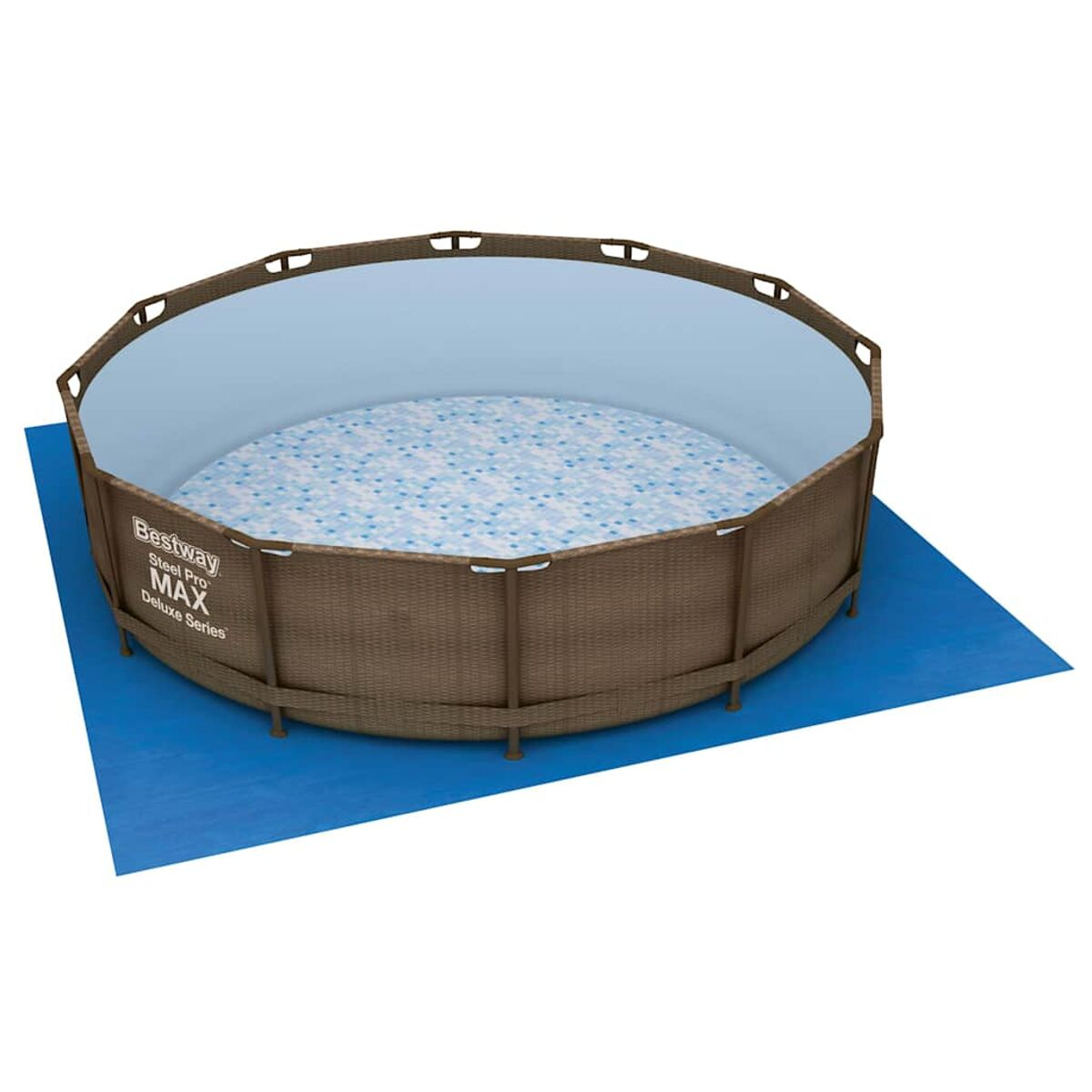 Ein oberirdischer Pool auf einer blauen Matte. Der Pool hat braune Korbsitze und ein blaues Innere.