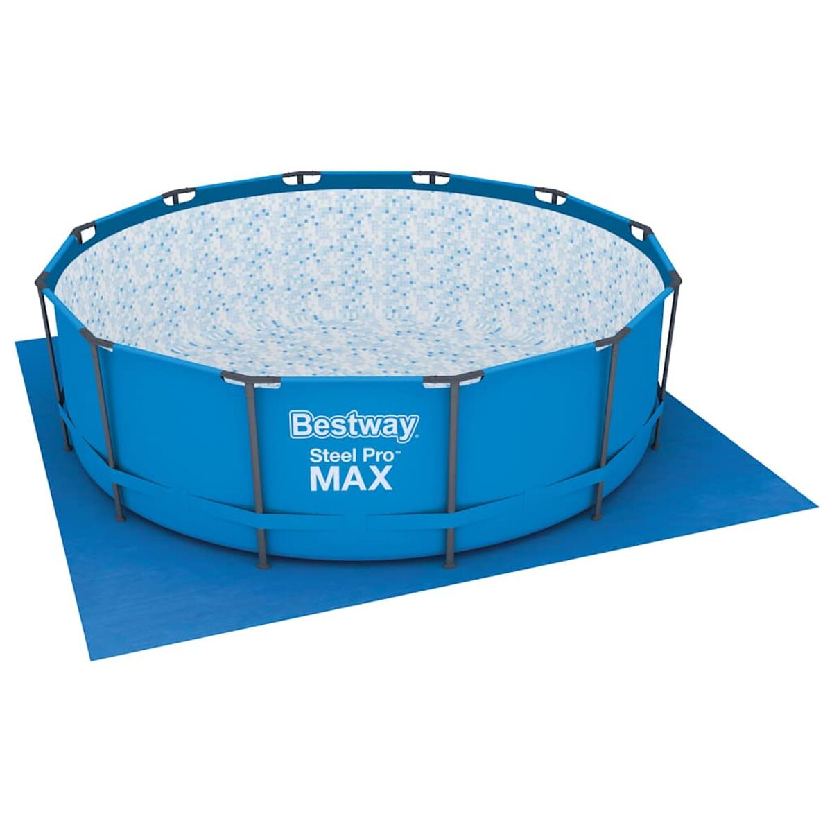 Blauer Aufstellpool mit weißem Innenraum, umgeben von einer blauen Bodenschutzplane.