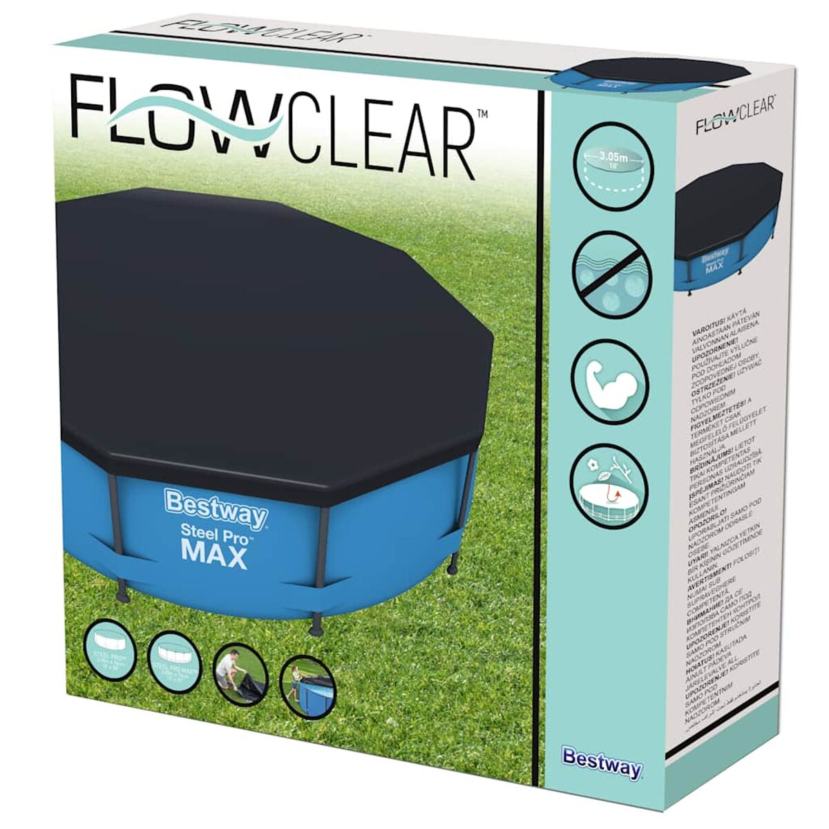 Eine blaue und schwarze Poolabdeckungsbox. Die Box zeigt die Abdeckung und ihre Eigenschaften.