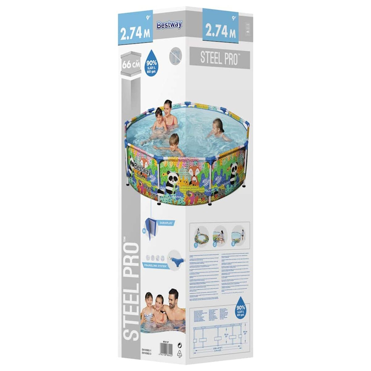 Eine Bestway Steel Pro Poolbox, die einen Pool mit Kindern zeigt.