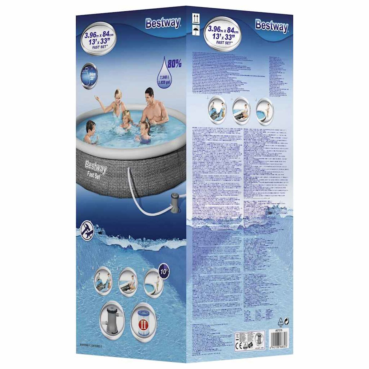 Karton mit Bildern von Personen in einem Pool. Enthält Text und Bilder des Produkts im Inneren.