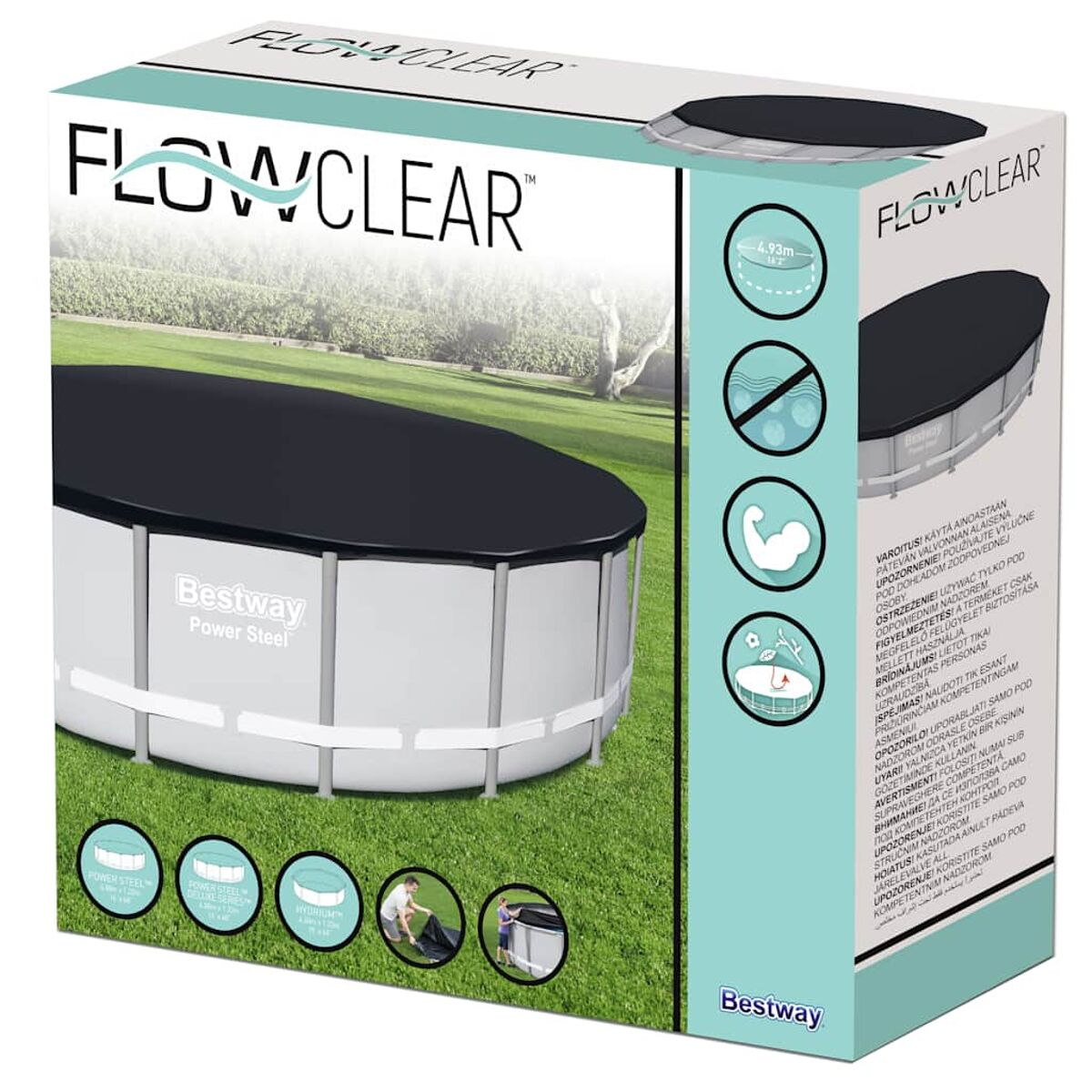 Bestway Poolbox. Pool mit Abdeckung in der Box. Grüner Hintergrund, Text.