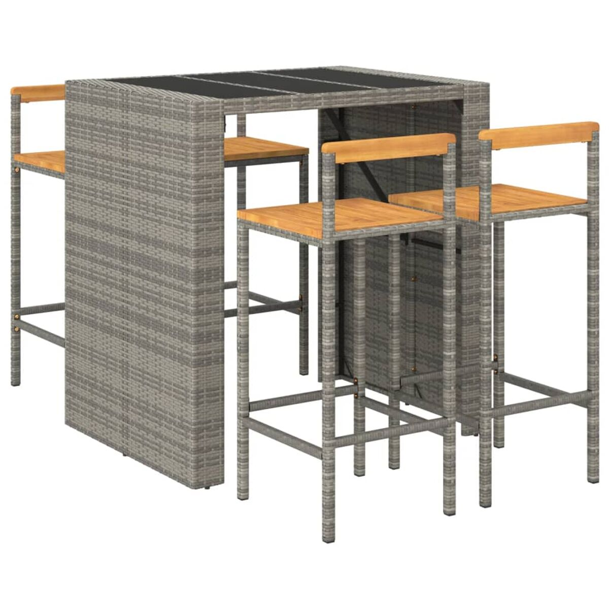 Graues Bar-Set aus Korbgeflecht mit Tisch und Hockern mit Holzplatten.