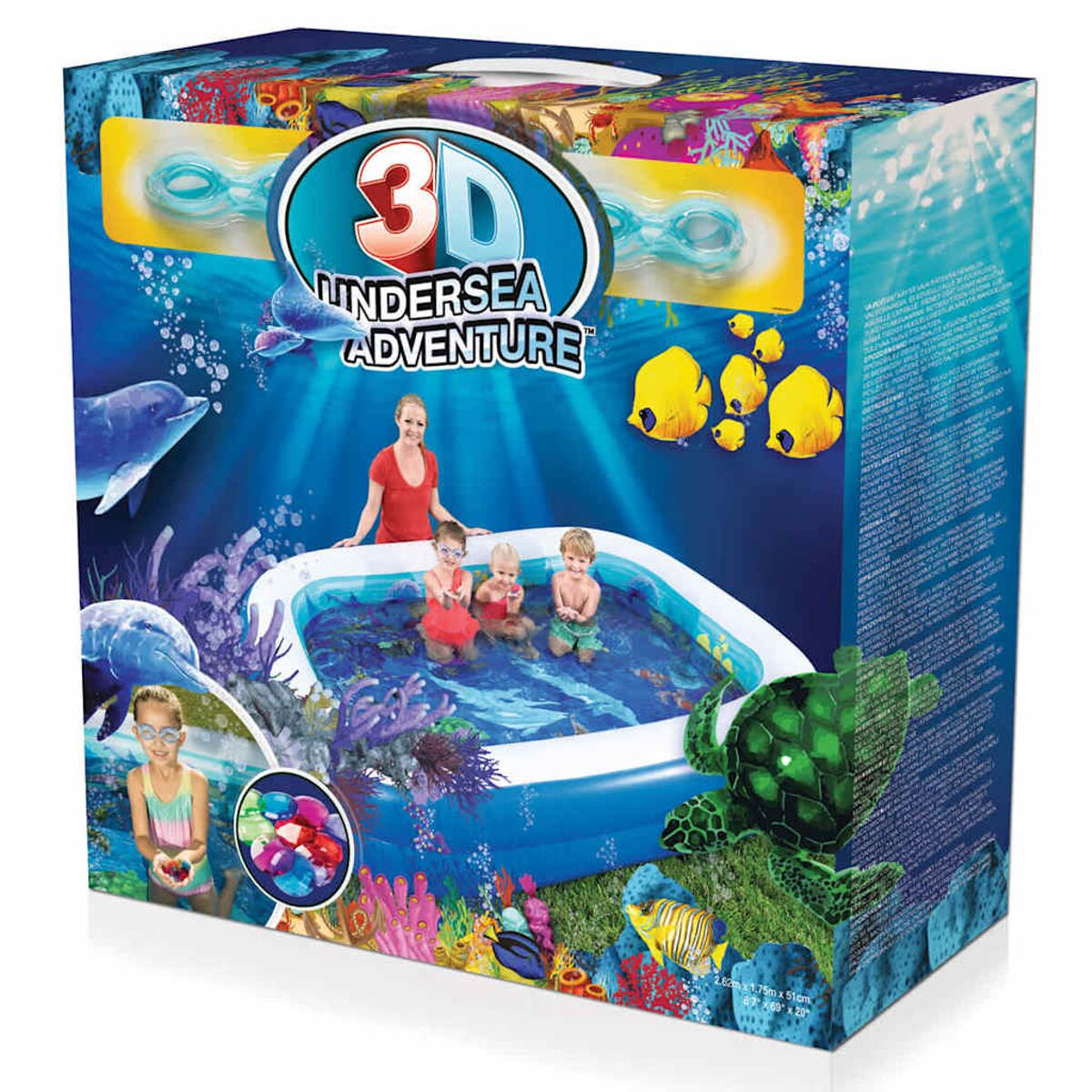 Box zeigt eine Unterwasserszene mit einem Pool. Enthält Kinder, Delfine und Fische.