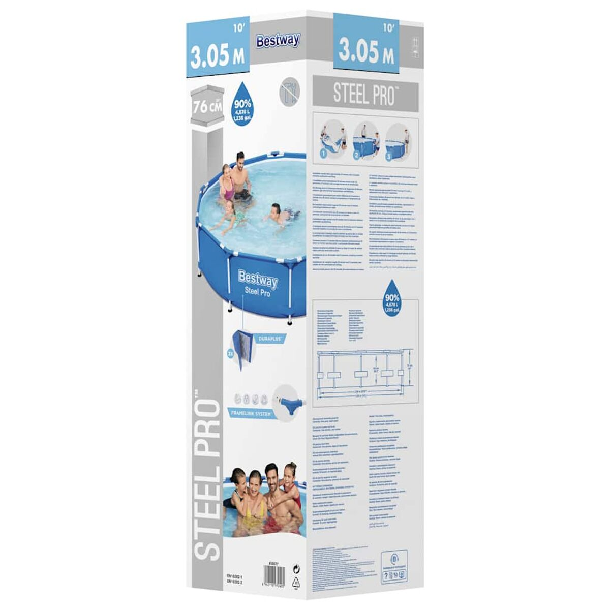 Pool-Box mit Personen im Pool und Abmessungen. Enthält Anweisungen und Diagramme.