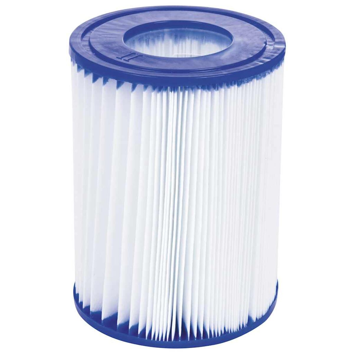 Weiß-blauer zylindrischer Poolfilter. Er hat einen blauen oberen und unteren Teil.