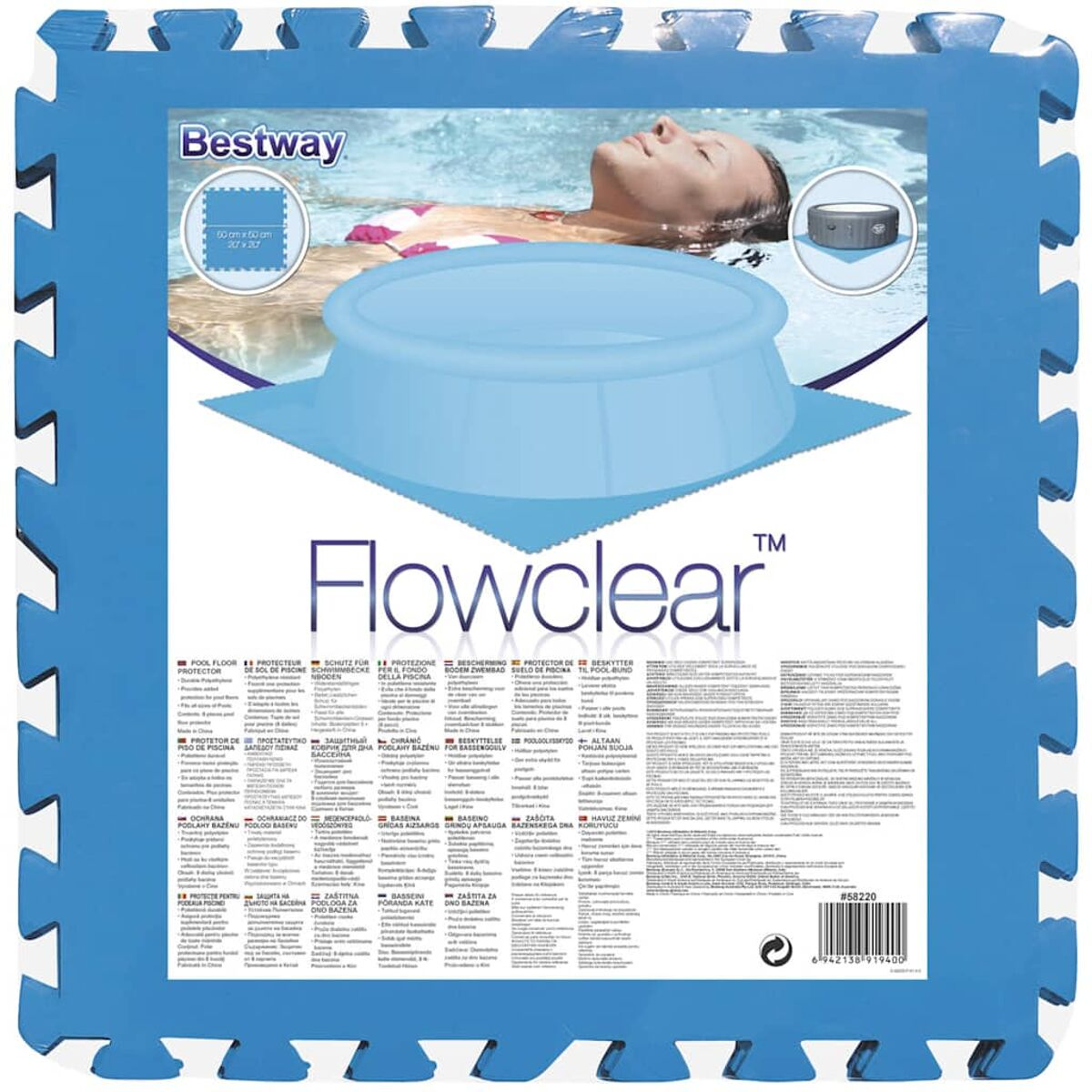 Blaue quadratische Schaumstoffmatte mit Poolgrafik und Text. Weißer Hintergrund mit Details.