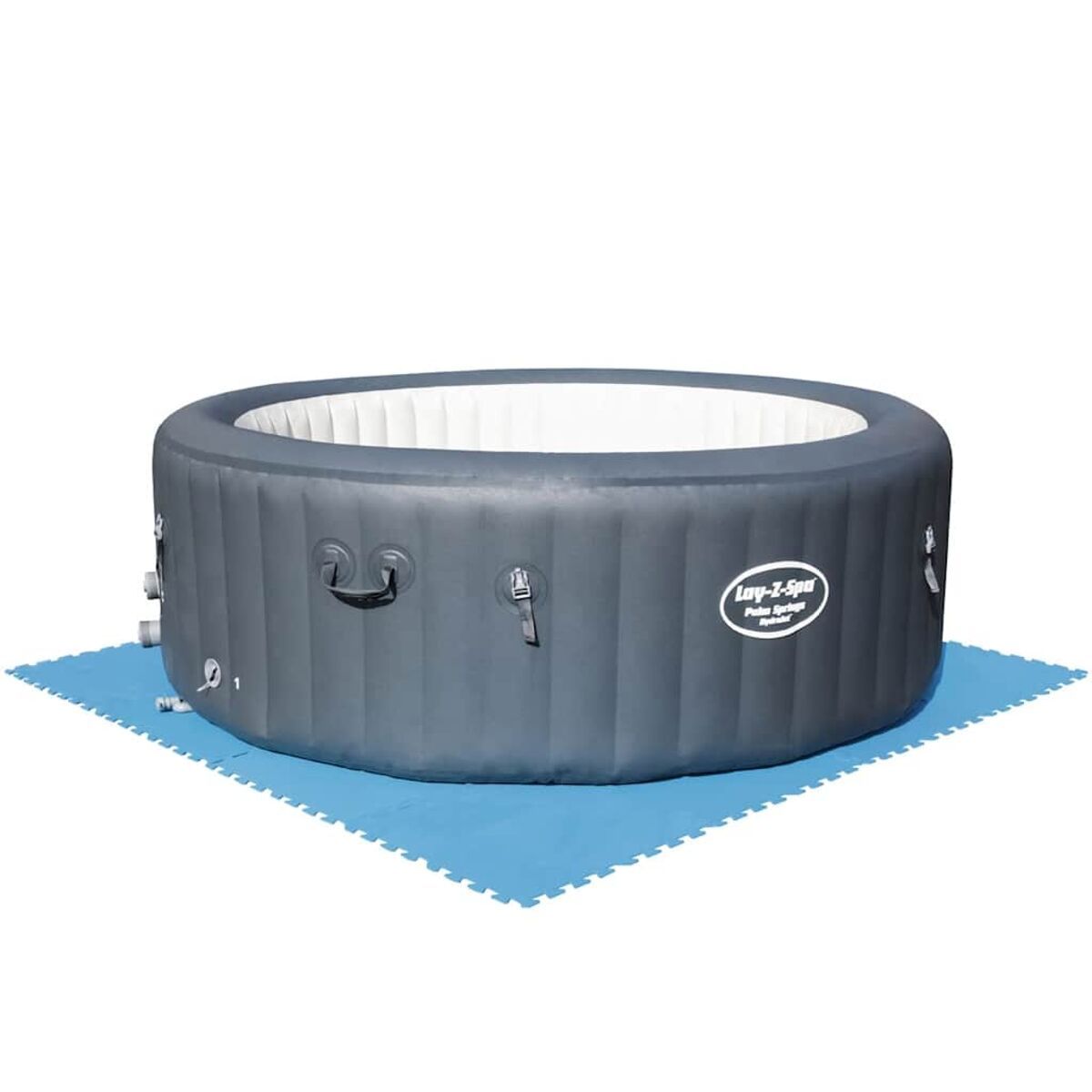 Ein runder, grauer Whirlpool auf einer blauen Matte. Der Whirlpool hat Griffe und ein Logo.
