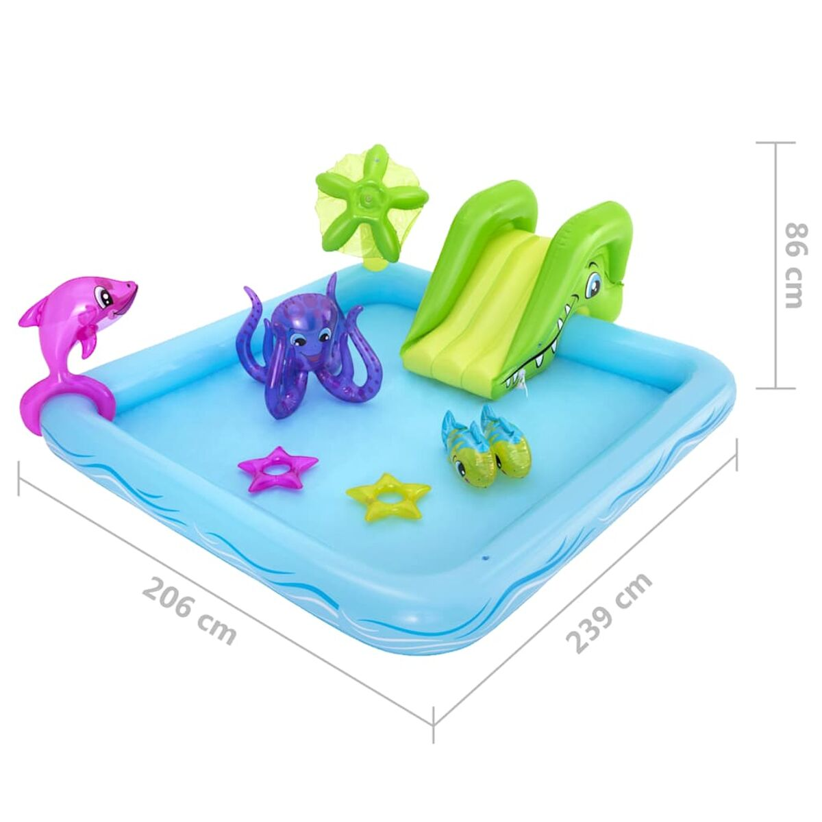 Aufblasbarer Pool mit Rutsche und Wasserspielzeug: Hai, Oktopus, Sterne und Fisch.